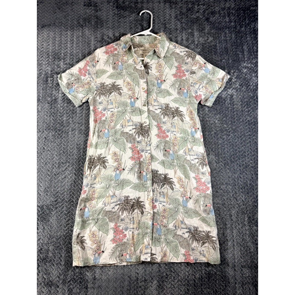 Rachel Zoe Shirt Dress Womens Small Cream Green Tropical‎ Bird Linen Button Up